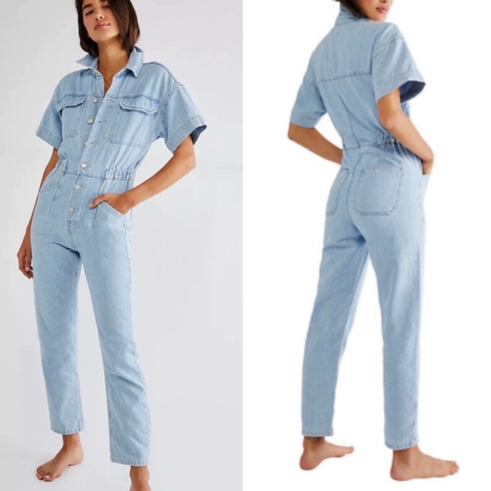 Free People We The Free Light Blue Denim Jumpsuit Size XL